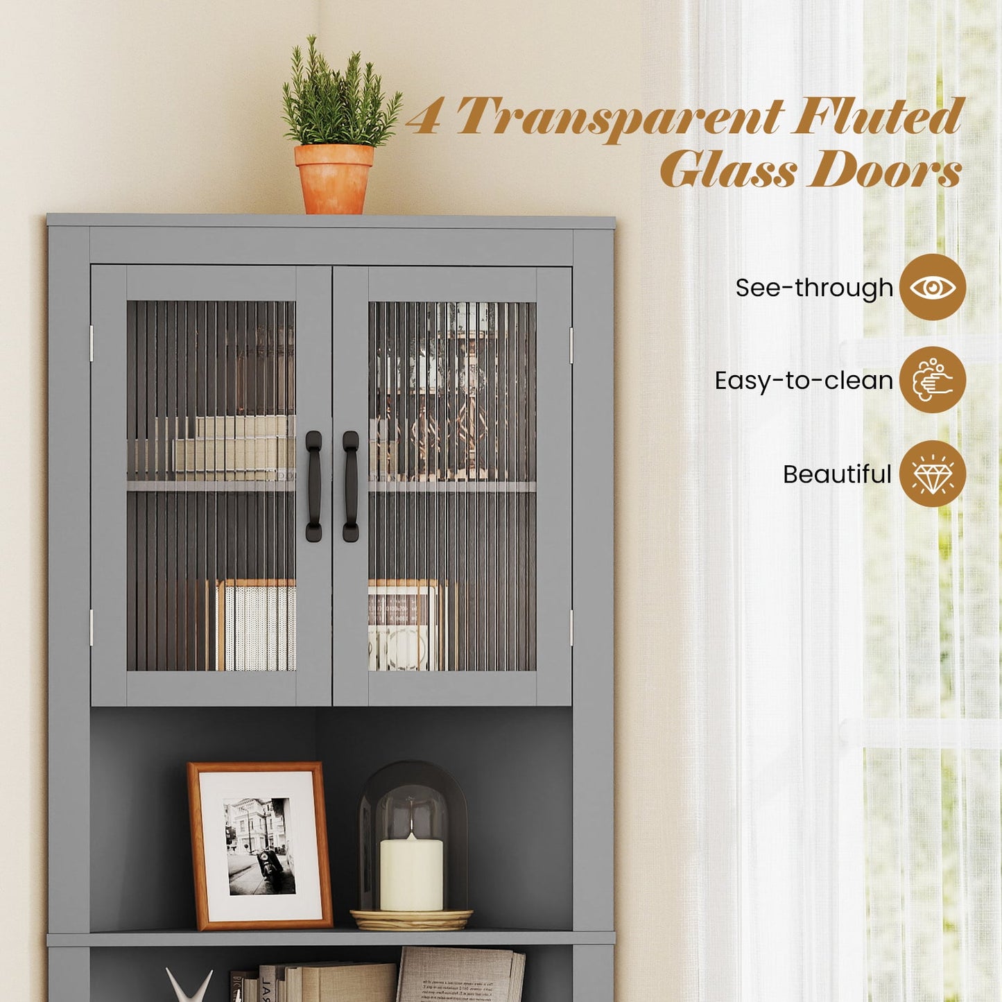 171cm Tall Space-saving Corner Cabinet with 4 Tempered Glass Doors and Adjustable Shelves-Grey