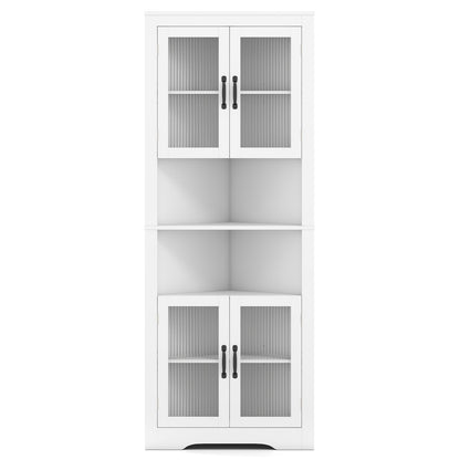 171cm Tall Space-saving Corner Cabinet with 4 Tempered Glass Doors and Adjustable Shelves-White