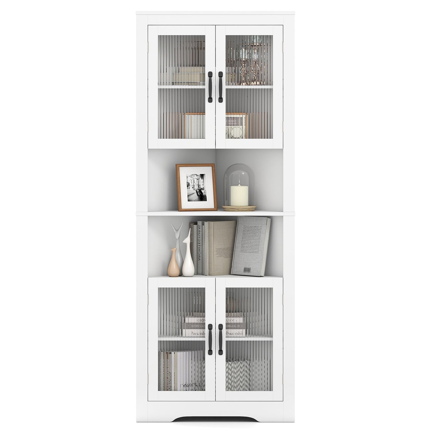 171cm Tall Space-saving Corner Cabinet with 4 Tempered Glass Doors and Adjustable Shelves-White