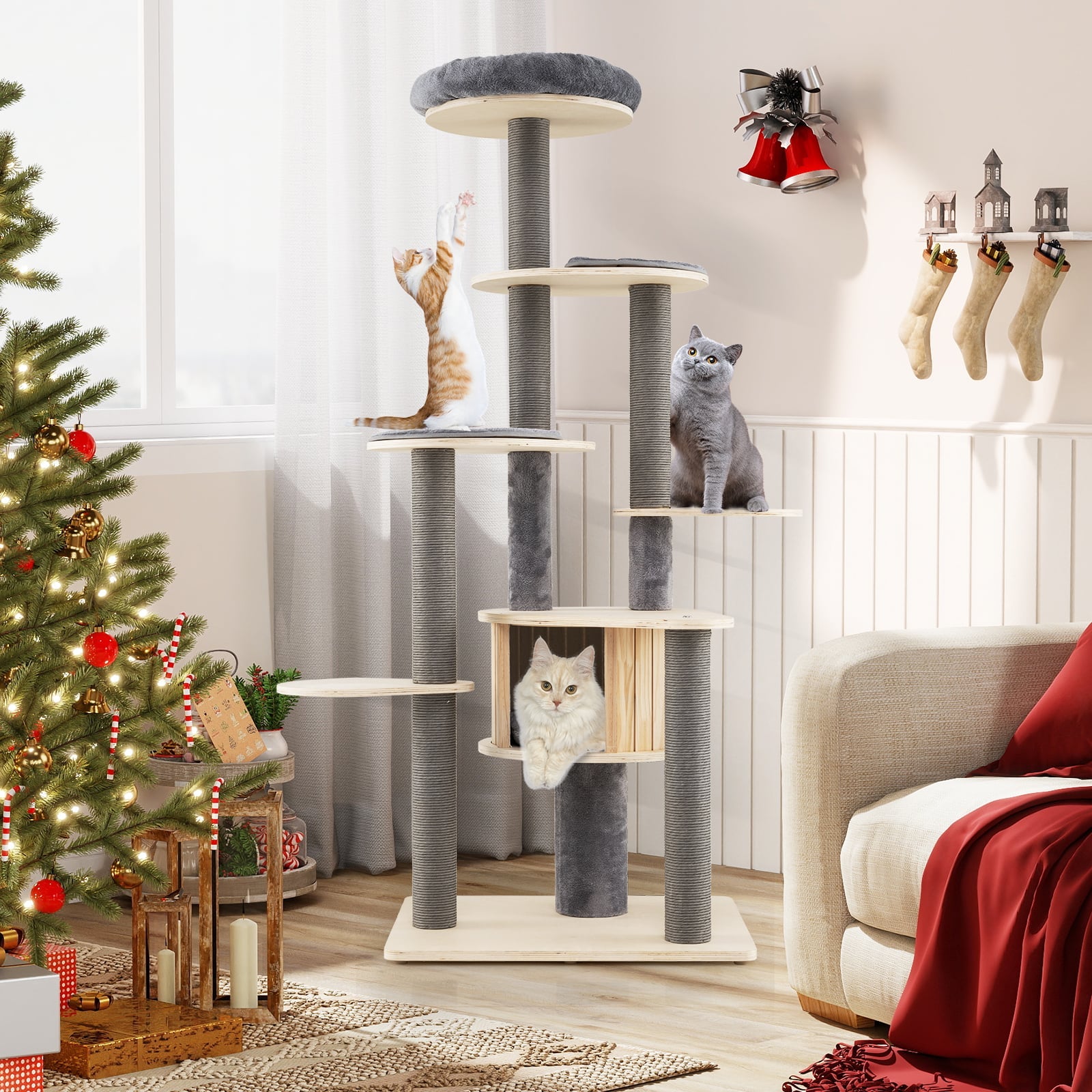 172 CM Tall Cat Tree with Comfy Padded Top Perch-Grey