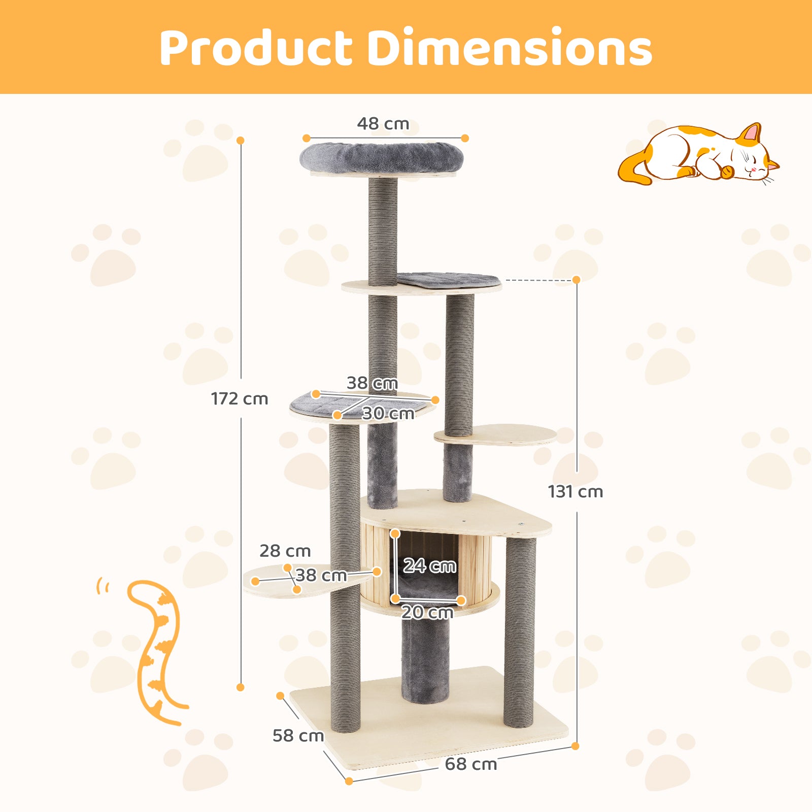 172 CM Tall Cat Tree with Comfy Padded Top Perch-Grey