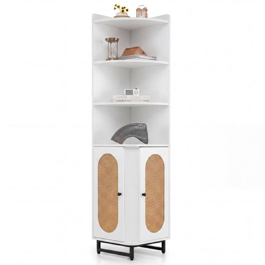 172 cm Tall PE Rattan Corner Cabinet with 2 Doors and 4 Open Shelves-White