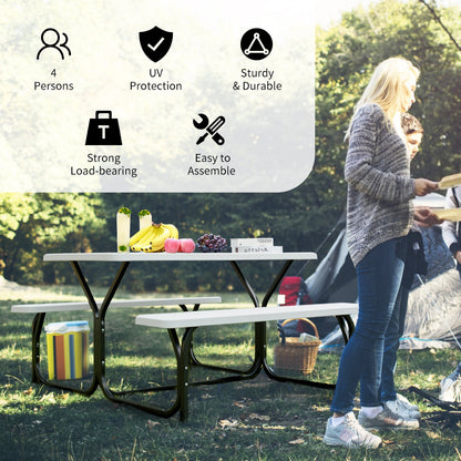 Picnic Table and Bench Set with Metal Frame and All Weather-resistant Surface for Backyard-White