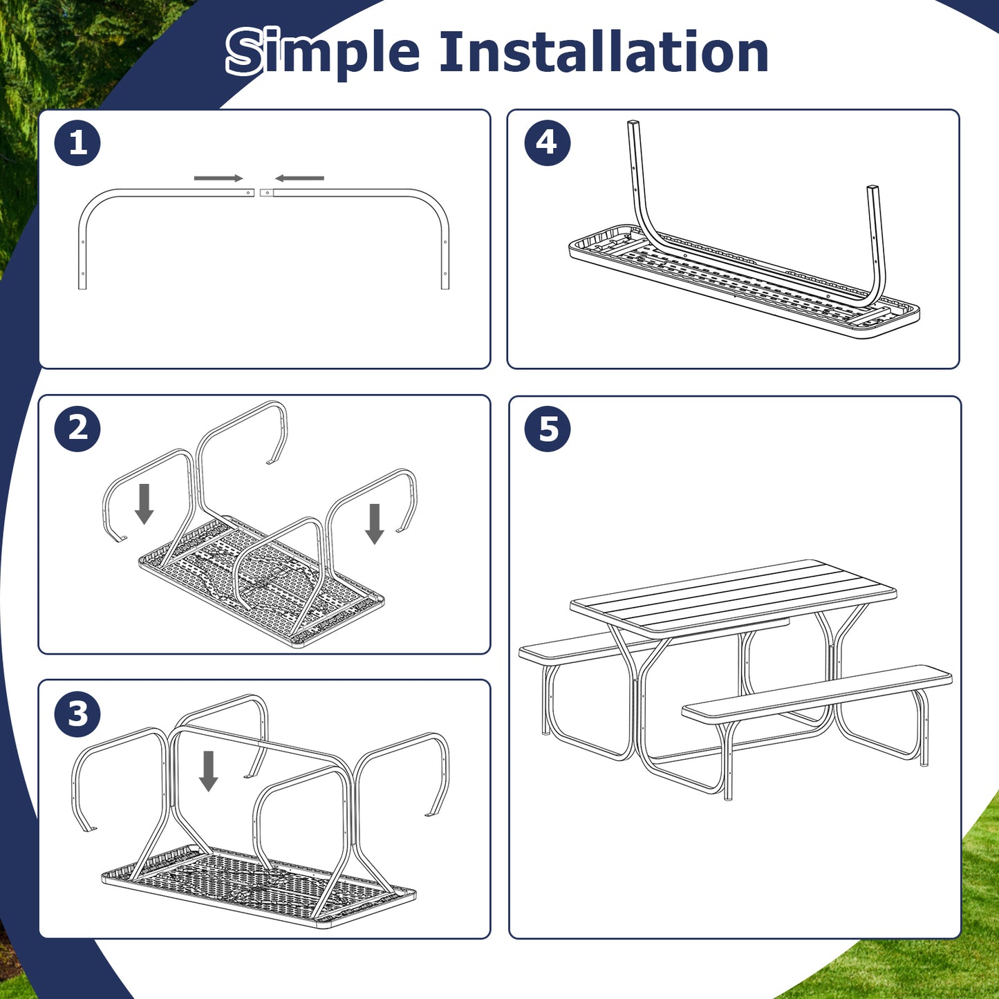 Picnic Table and Bench Set with Metal Frame and All Weather-resistant Surface for Backyard-White