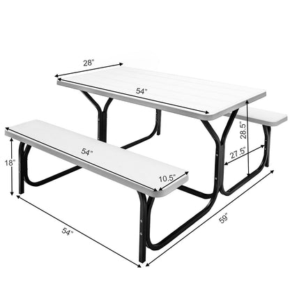 Picnic Table and Bench Set with Metal Frame and All Weather-resistant Surface for Backyard-White