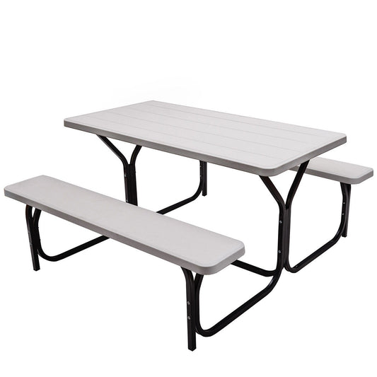 Picnic Table and Bench Set with Metal Frame and All Weather-resistant Surface for Backyard-White