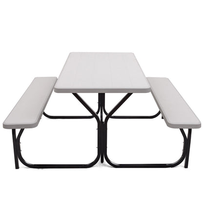 Picnic Table and Bench Set with Metal Frame and All Weather-resistant Surface for Backyard-White