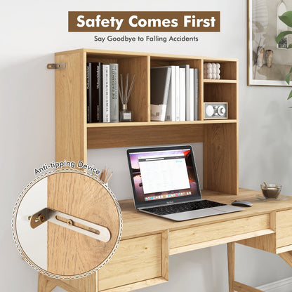 Computer Desktop Bookcase with 4 Cubbies and Open Back Compartment-Natural