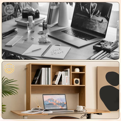 Computer Desktop Bookcase with 4 Cubbies and Open Back Compartment-Natural