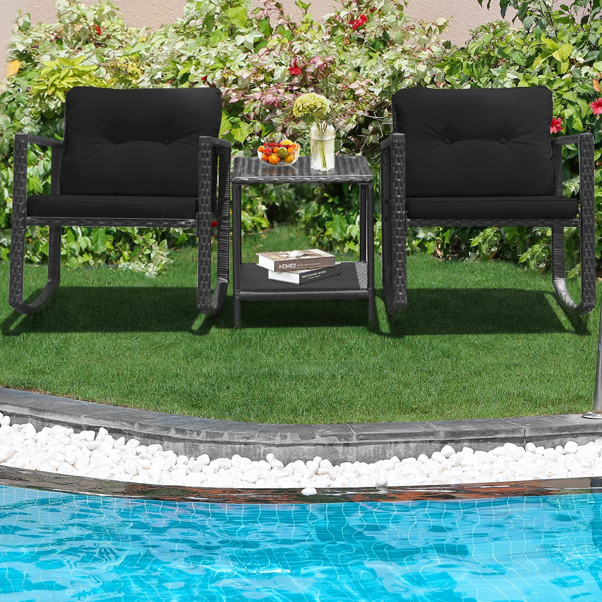 3 Pieces Outdoor Rocking Bistro Set for Garden, Backyard &amp; Poolside-Black