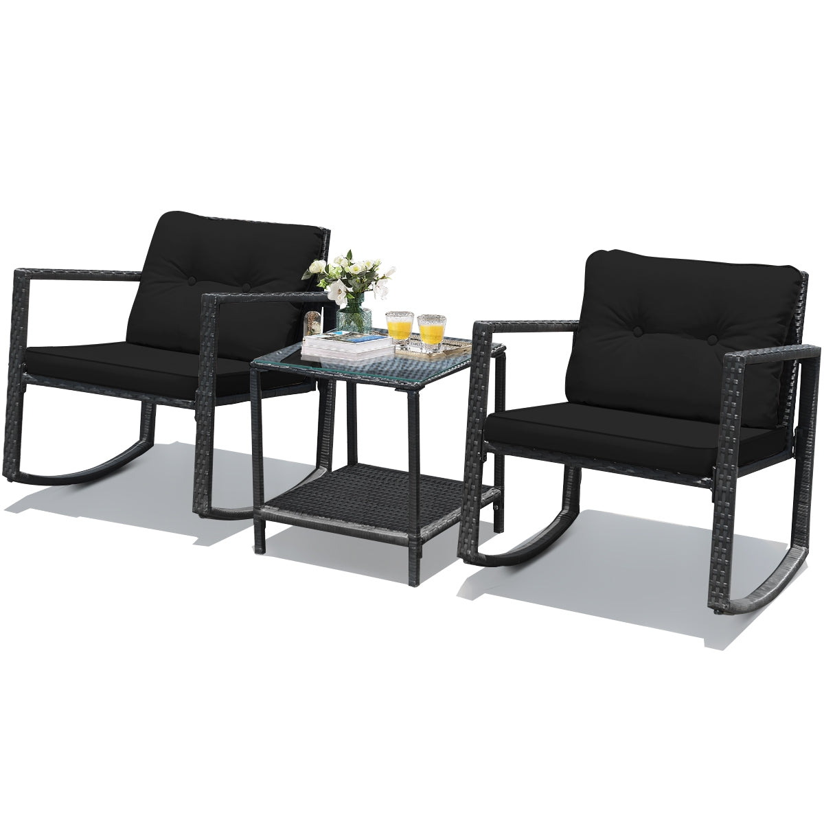 3 Pieces Outdoor Rocking Bistro Set for Garden, Backyard &amp; Poolside-Black