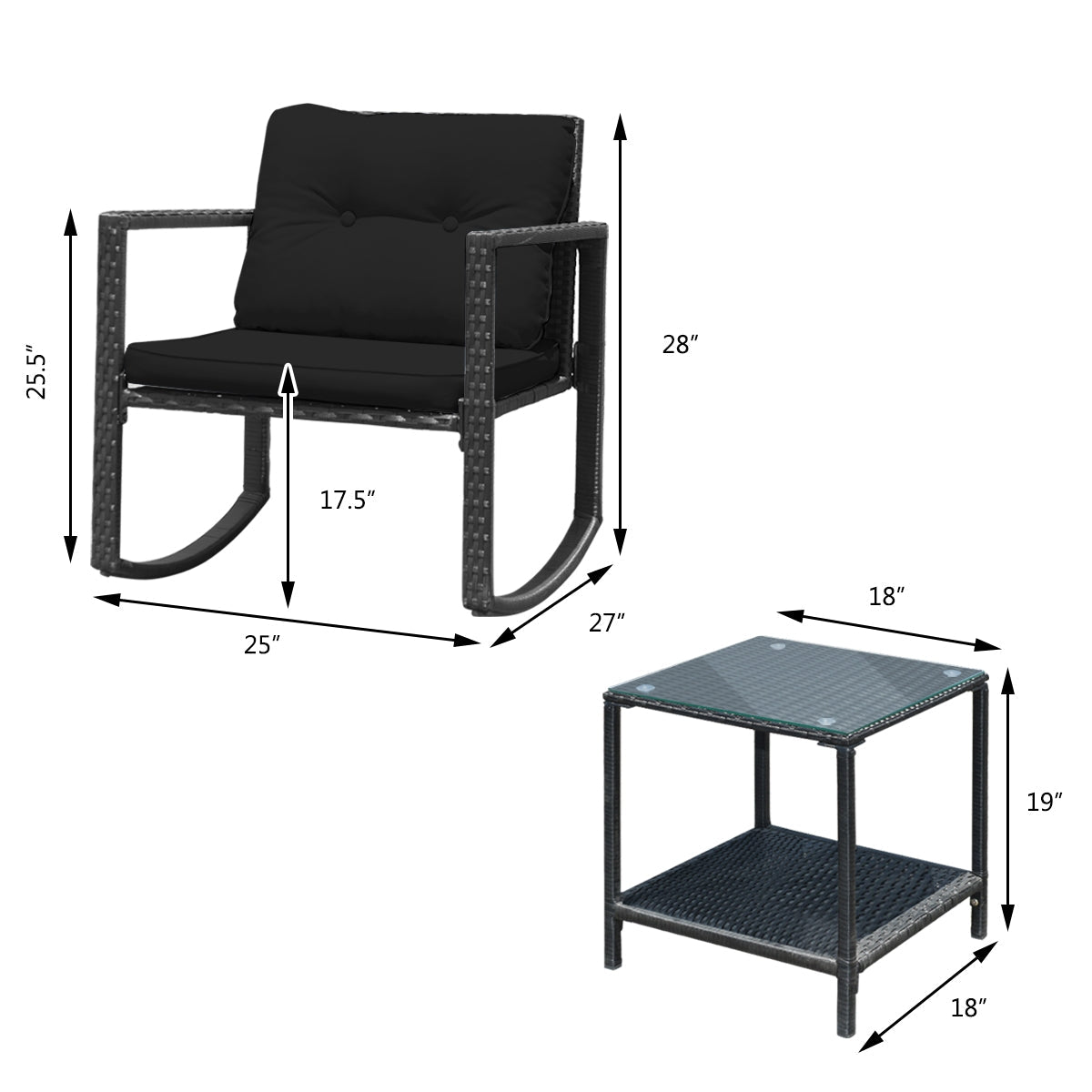 3 Pieces Outdoor Rocking Bistro Set for Garden, Backyard &amp; Poolside-Black