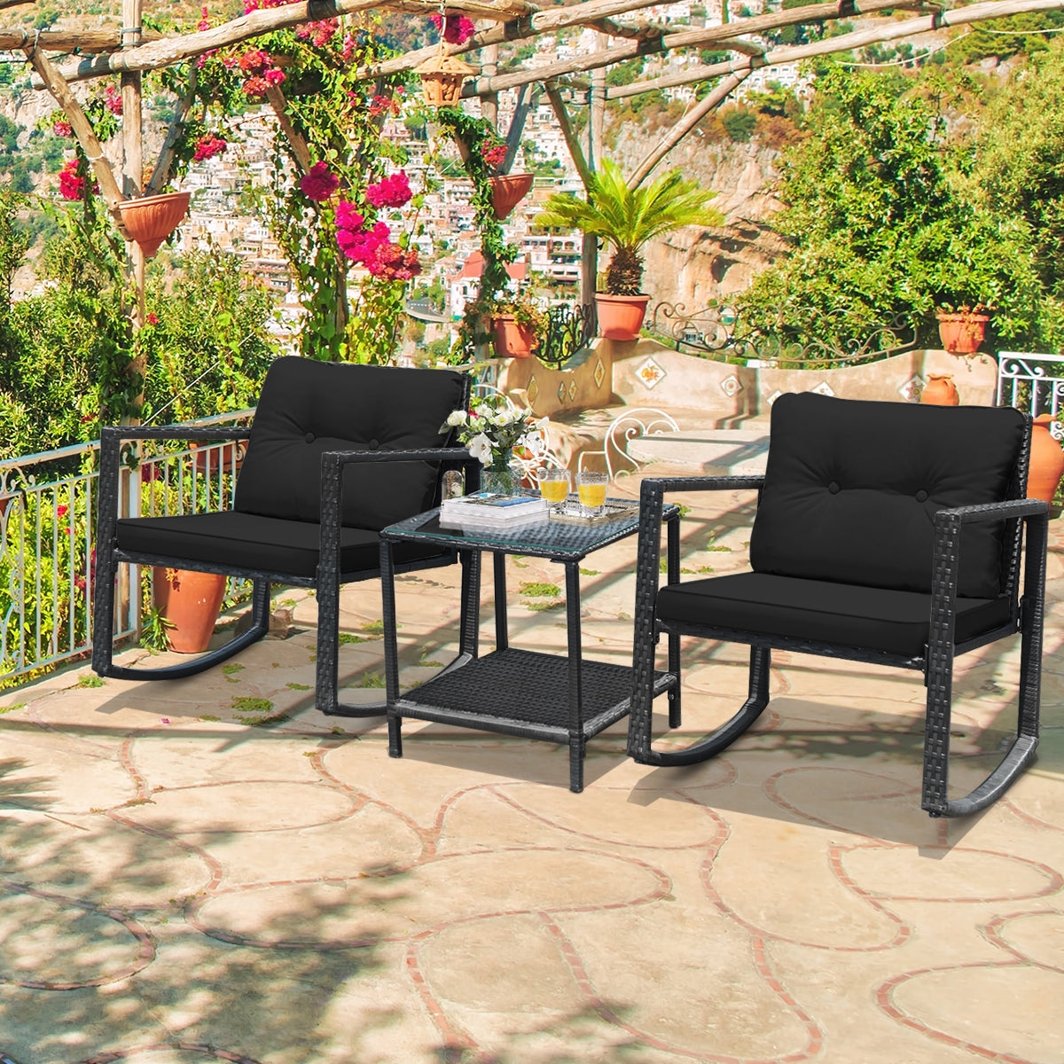 3 Pieces Outdoor Rocking Bistro Set for Garden, Backyard &amp; Poolside-Black