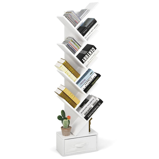 10-Tier Tree Bookcase with Drawer for Storage-White