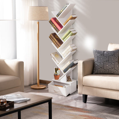 10-Tier Tree Bookcase with Drawer for Storage-White
