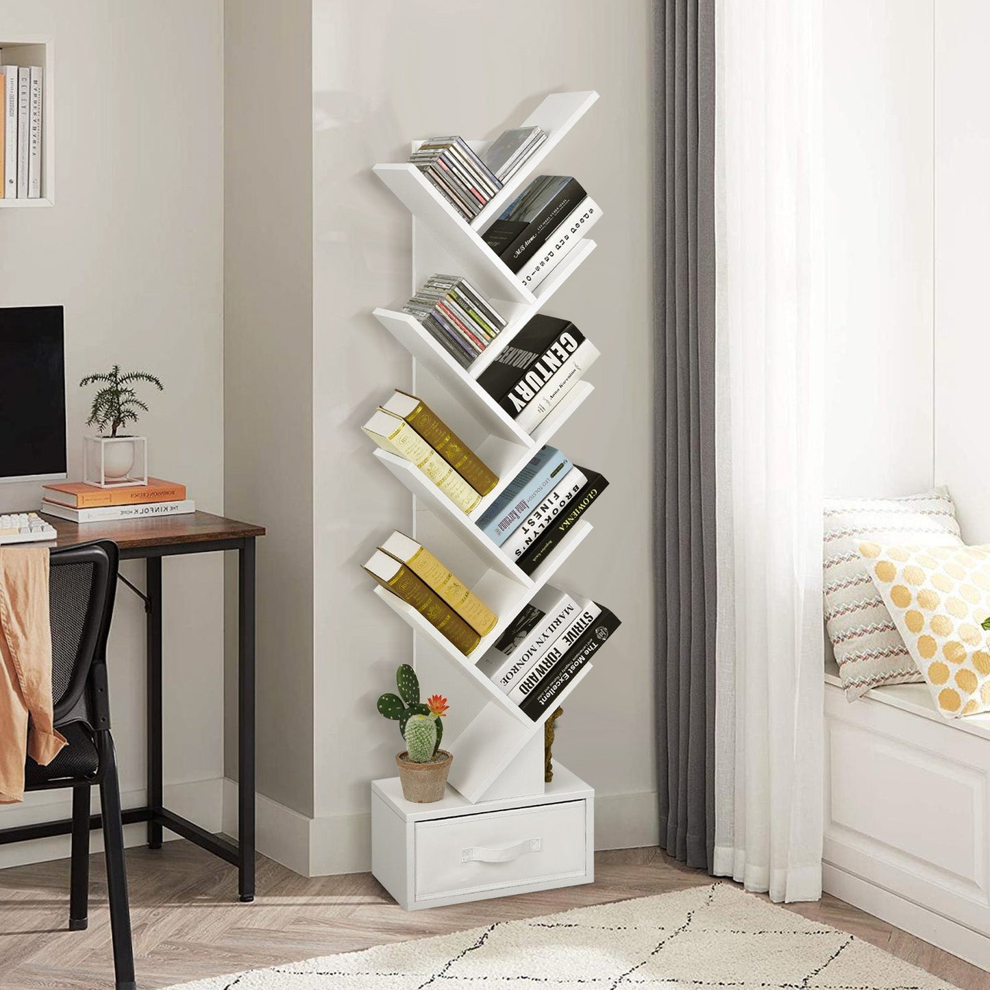 10-Tier Tree Bookcase with Drawer for Storage-White