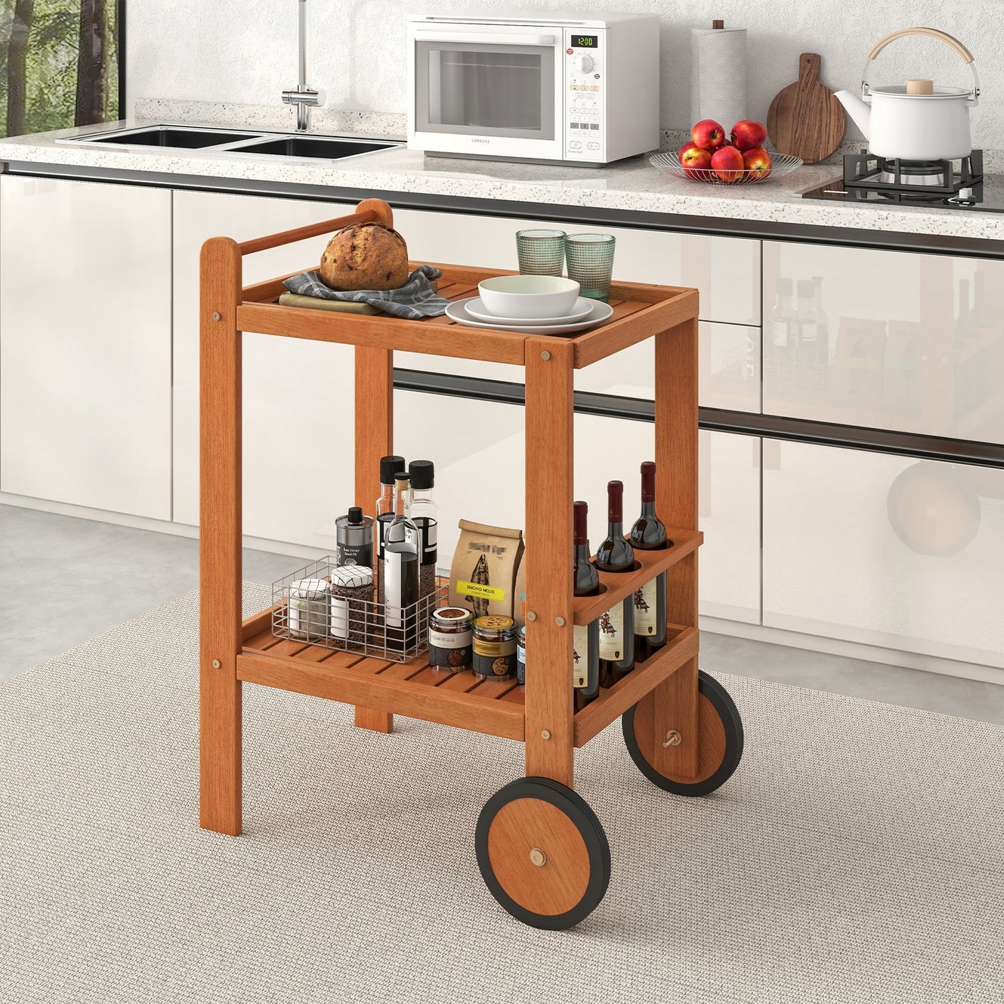 2 Tier Rolling Serving Cart with Wine Bottle Holders and 2 Rubber Wheels