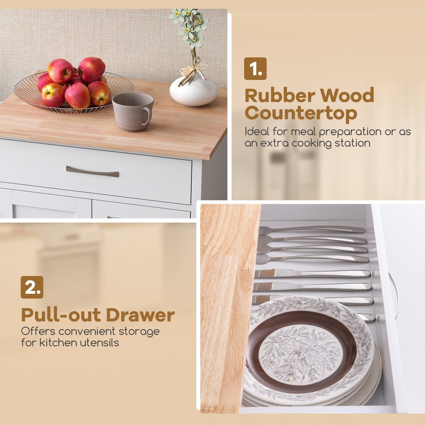 Rolling Kitchen Island Cart with Drawer and 2-Door Storage Cabinet-White