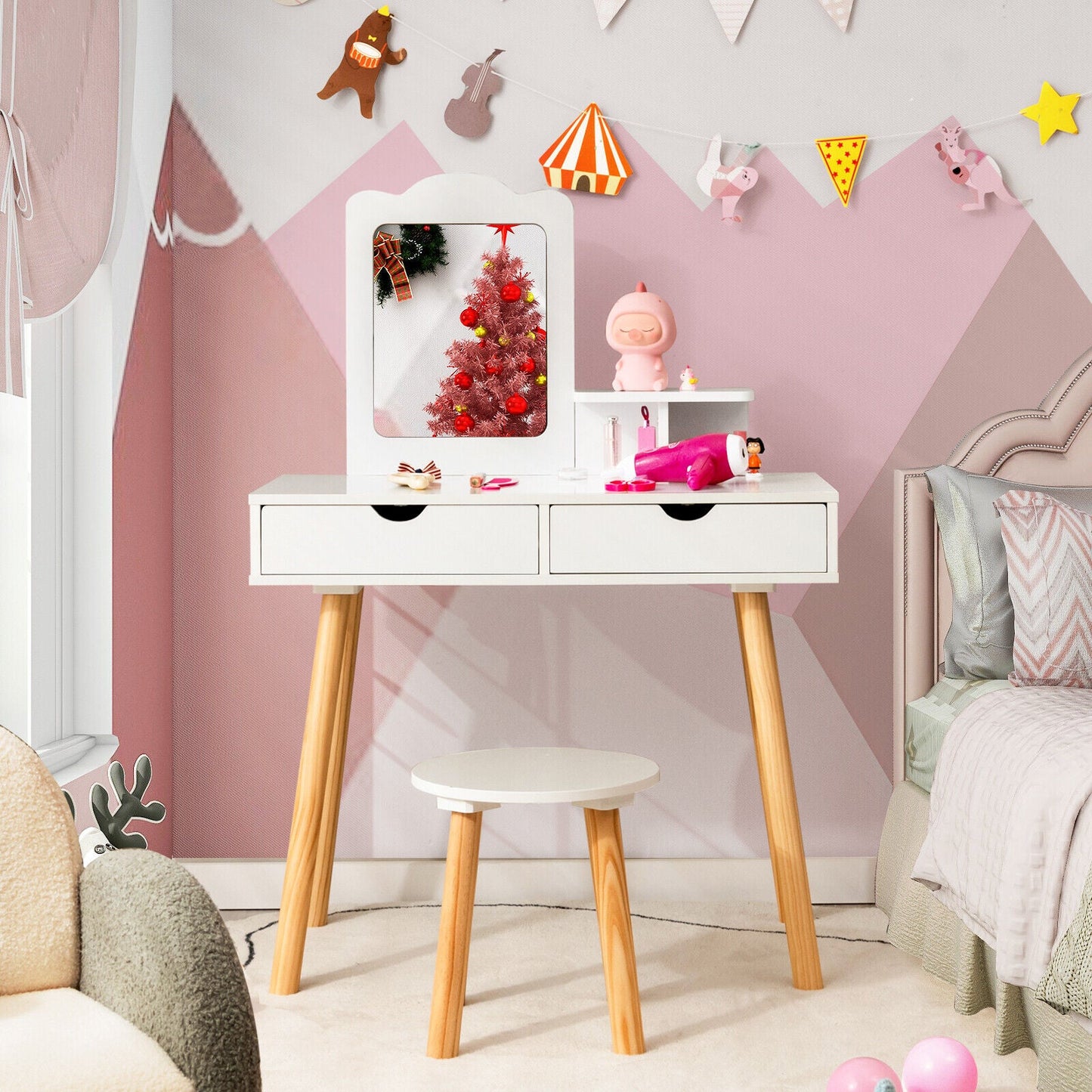 2-in-1 Kids' Vanity Set with 1 Rectangular Mirror & 2 Large Drawers
