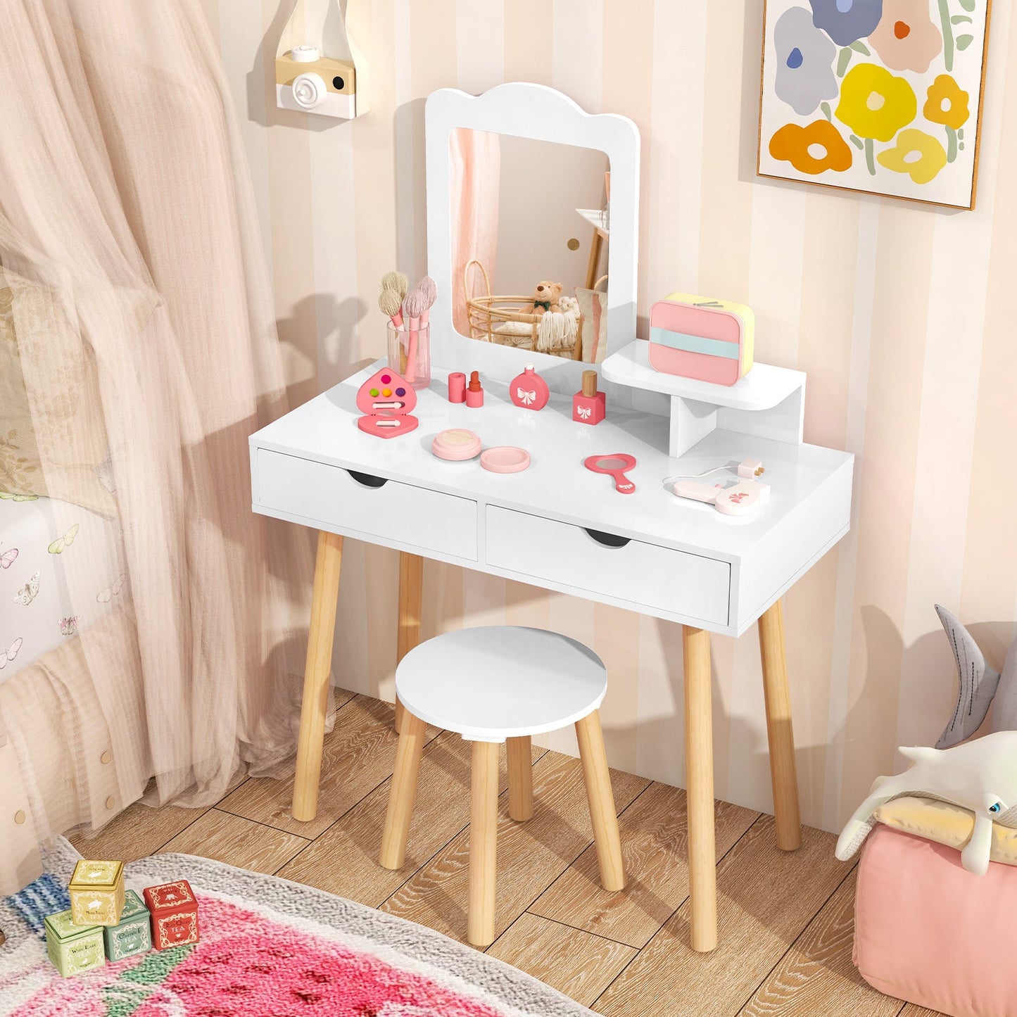 2-in-1 Kids' Vanity Set with 1 Rectangular Mirror & 2 Large Drawers