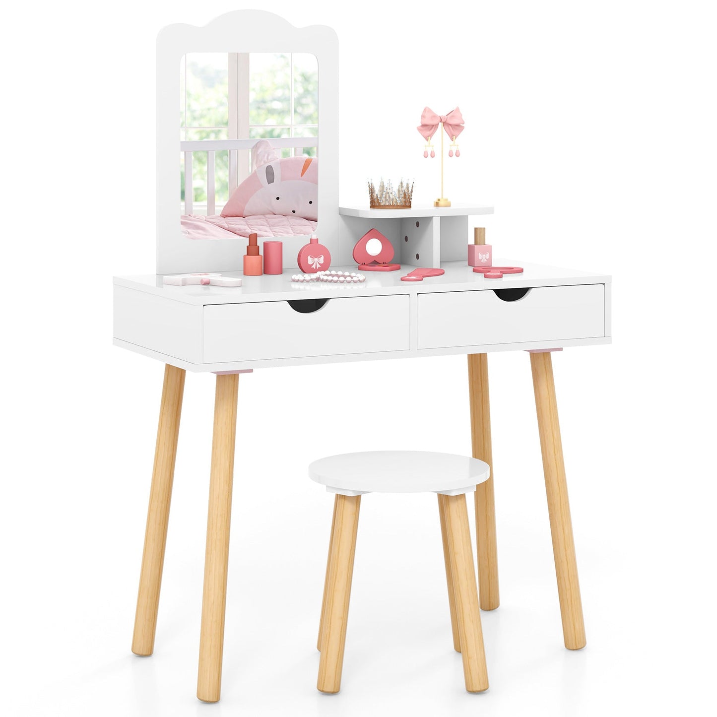 2-in-1 Kids' Vanity Set with 1 Rectangular Mirror & 2 Large Drawers
