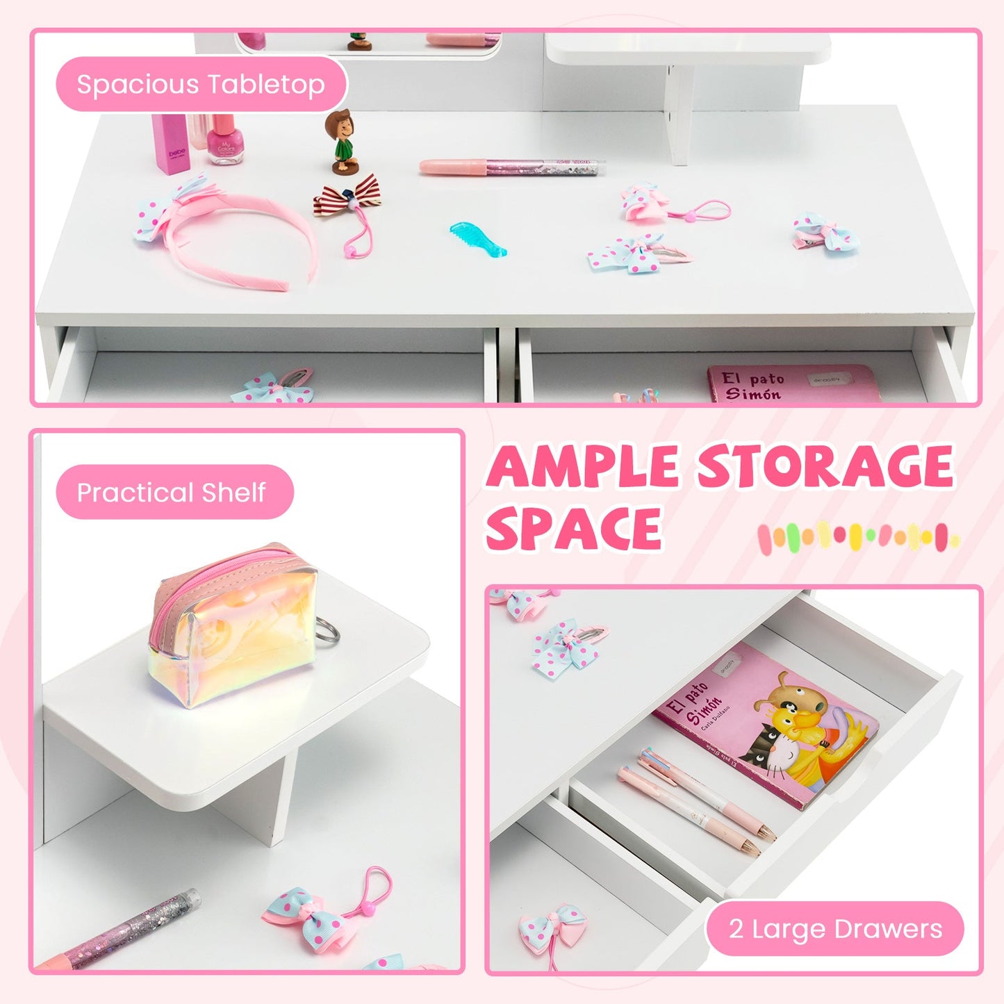 2-in-1 Kids' Vanity Set with 1 Rectangular Mirror & 2 Large Drawers