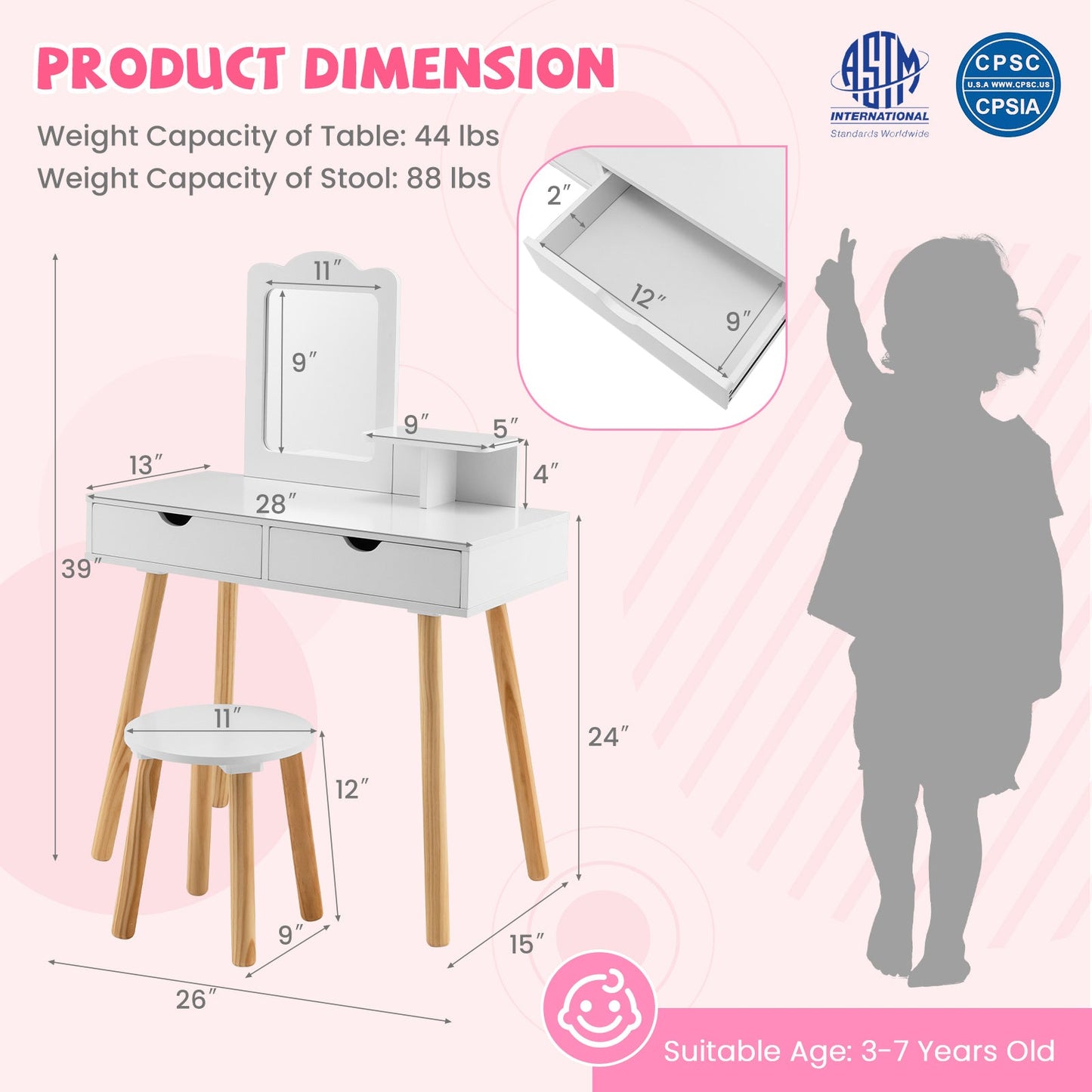 2-in-1 Kids' Vanity Set with 1 Rectangular Mirror & 2 Large Drawers