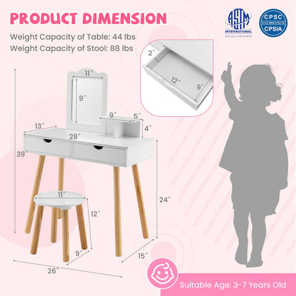 2-in-1 Kids' Vanity Set with 1 Rectangular Mirror & 2 Large Drawers