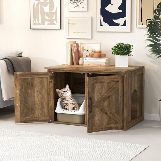 Flip Top Hidden Cat Washroom Furniture with Double Barn Doors, Removable Divider and Middle Entry