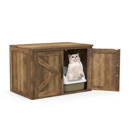 Flip Top Hidden Cat Washroom Furniture with Double Barn Doors, Removable Divider and Middle Entry