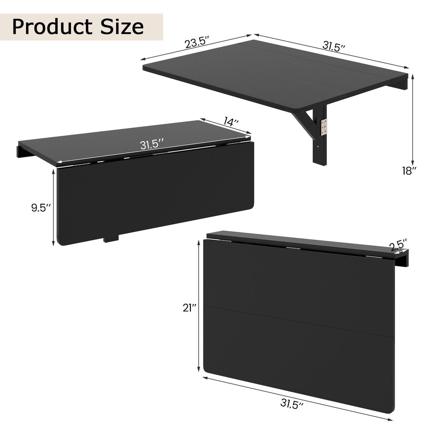 80 x 60 cm Wall Mounted Folding Table Drop-Leaf Floating Writing Desk-Black