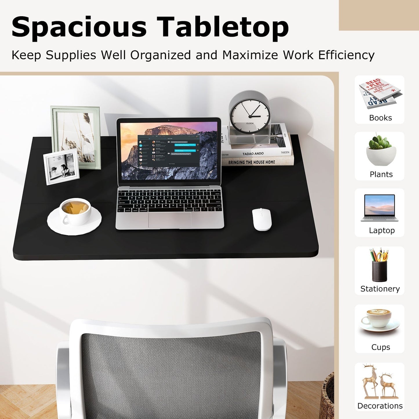 80 x 60 cm Wall Mounted Folding Table Drop-Leaf Floating Writing Desk-Black