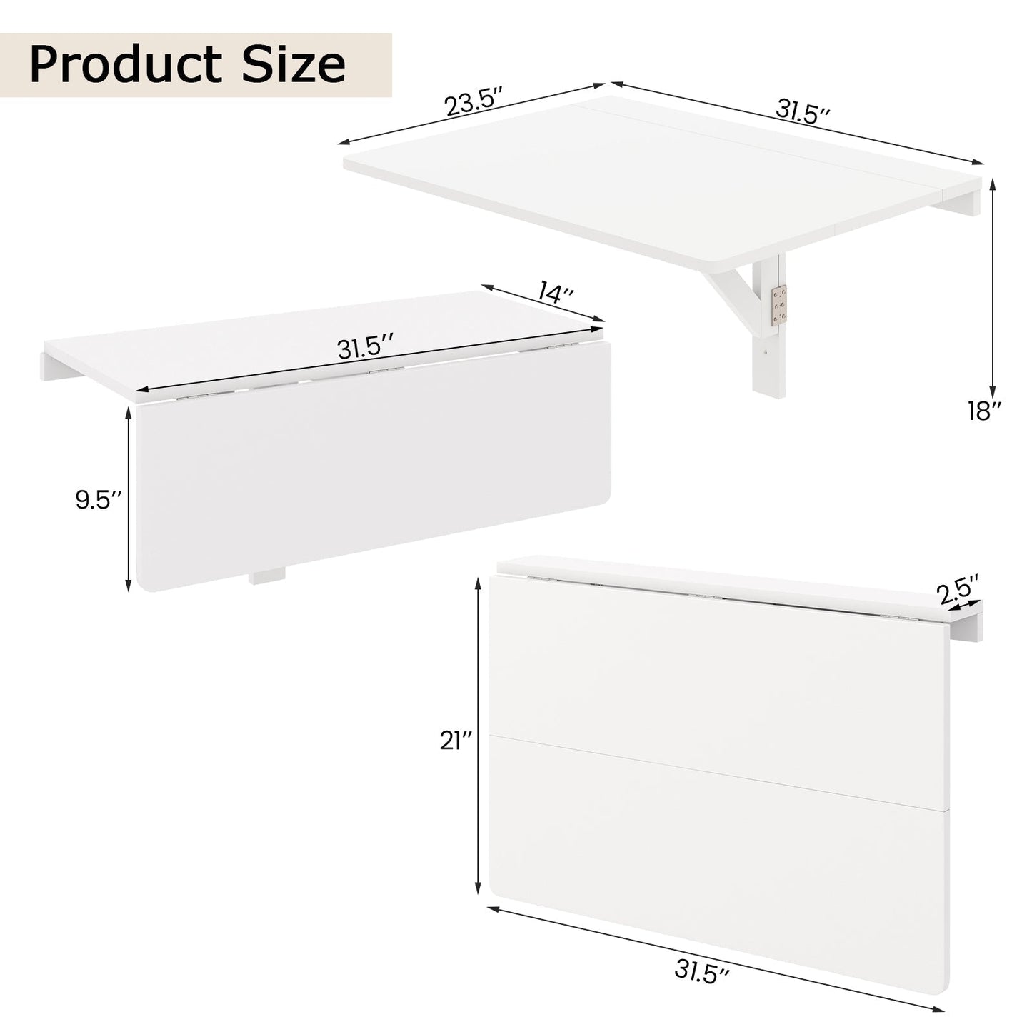 80 x 60 cm Wall Mounted Folding Table Drop-Leaf Floating Writing Desk-White