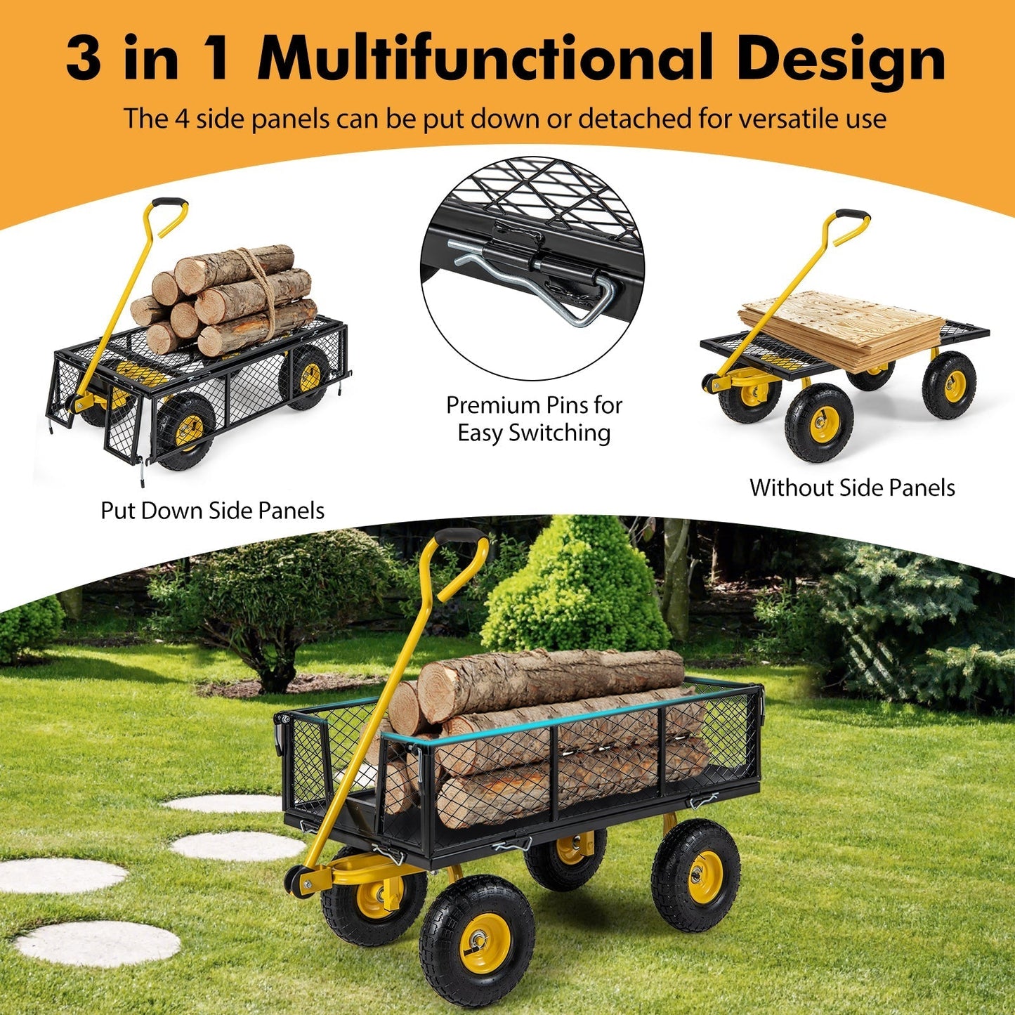 Utility Garden Cart with 180° Rotating Handle and Removable Sides for Outdoor-Black