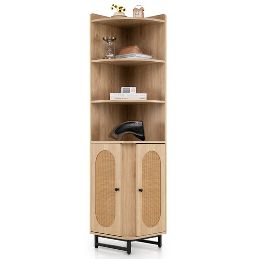 172 cm Tall PE Rattan Corner Cabinet with 2 Doors and 4 Open Shelves-Natural