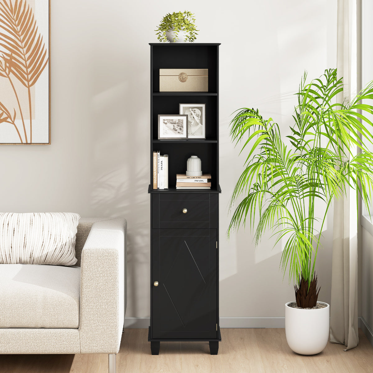 172cm Tall Bathroom Cabinet with Drawer and 3 Open Shelves-Black
