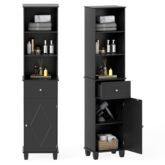 172cm Tall Bathroom Cabinet with Drawer and 3 Open Shelves-Black