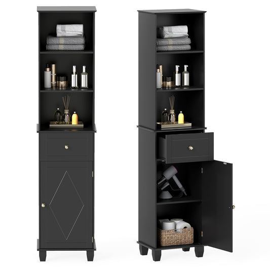 172cm Tall Bathroom Cabinet with Drawer and 3 Open Shelves-Black