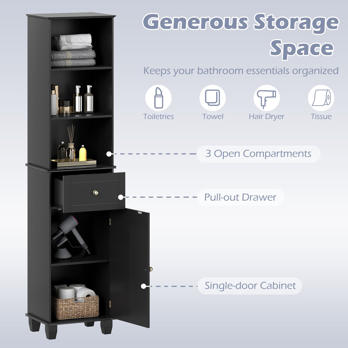 172cm Tall Bathroom Cabinet with Drawer and 3 Open Shelves-Black