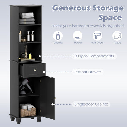 172cm Tall Bathroom Cabinet with Drawer and 3 Open Shelves-Black
