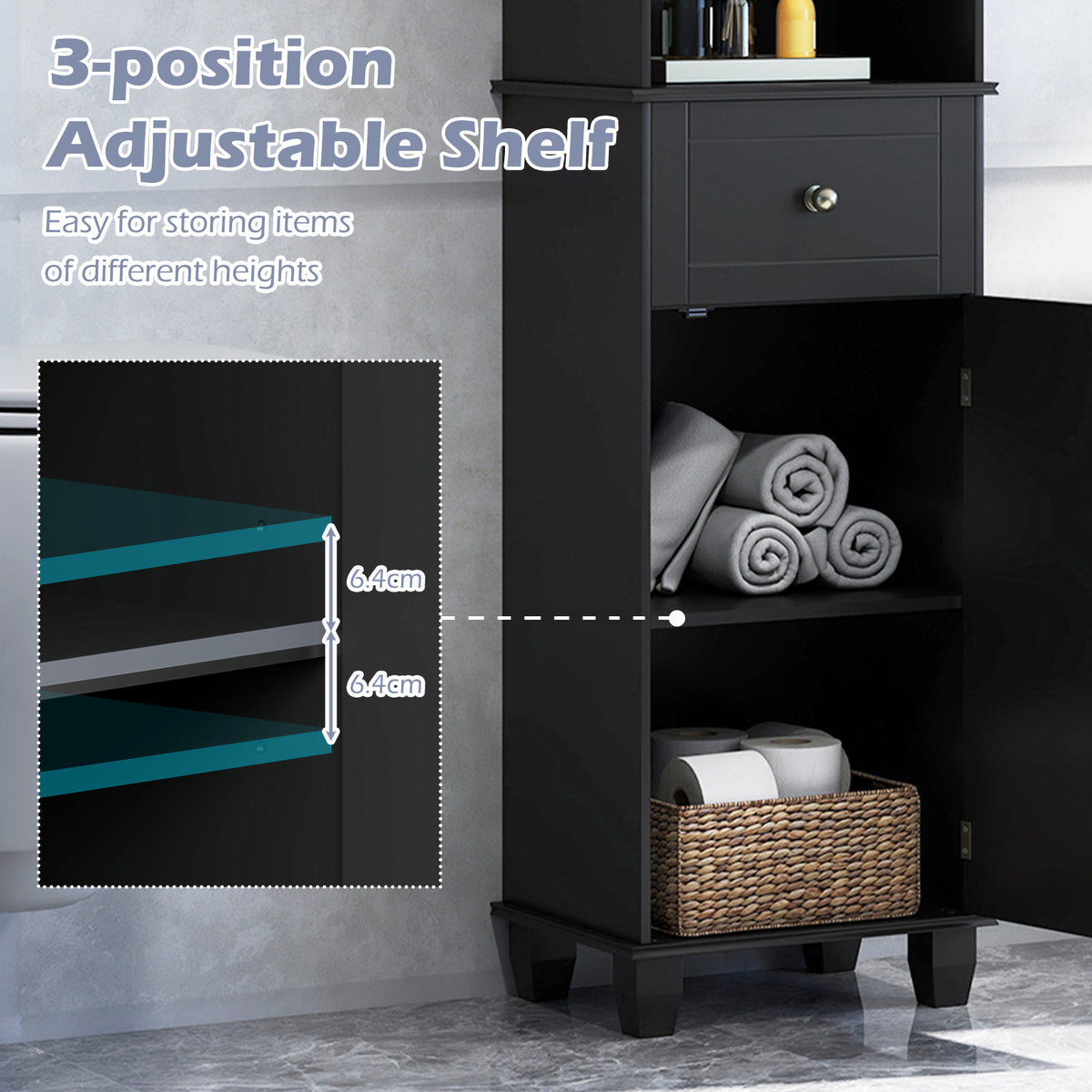 172cm Tall Bathroom Cabinet with Drawer and 3 Open Shelves-Black