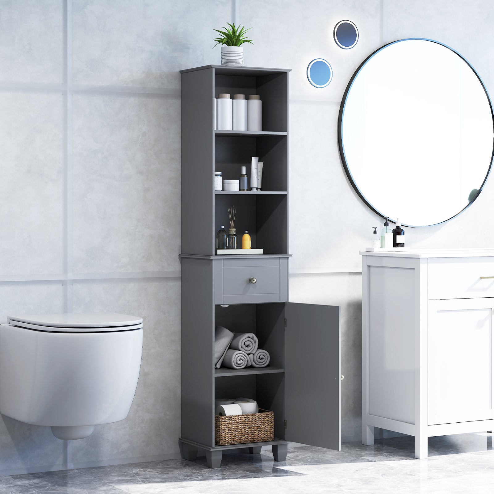 172cm Tall Bathroom Cabinet with Drawer and 3 Open Shelves-Grey