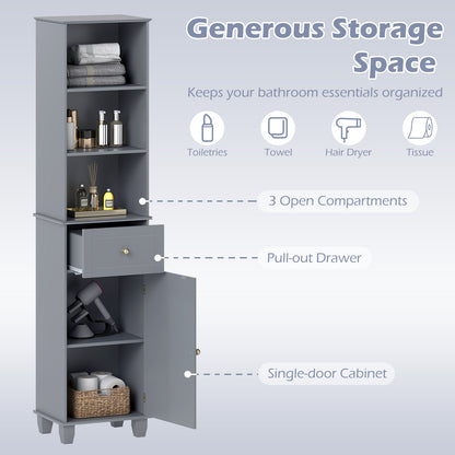 172cm Tall Bathroom Cabinet with Drawer and 3 Open Shelves-Grey