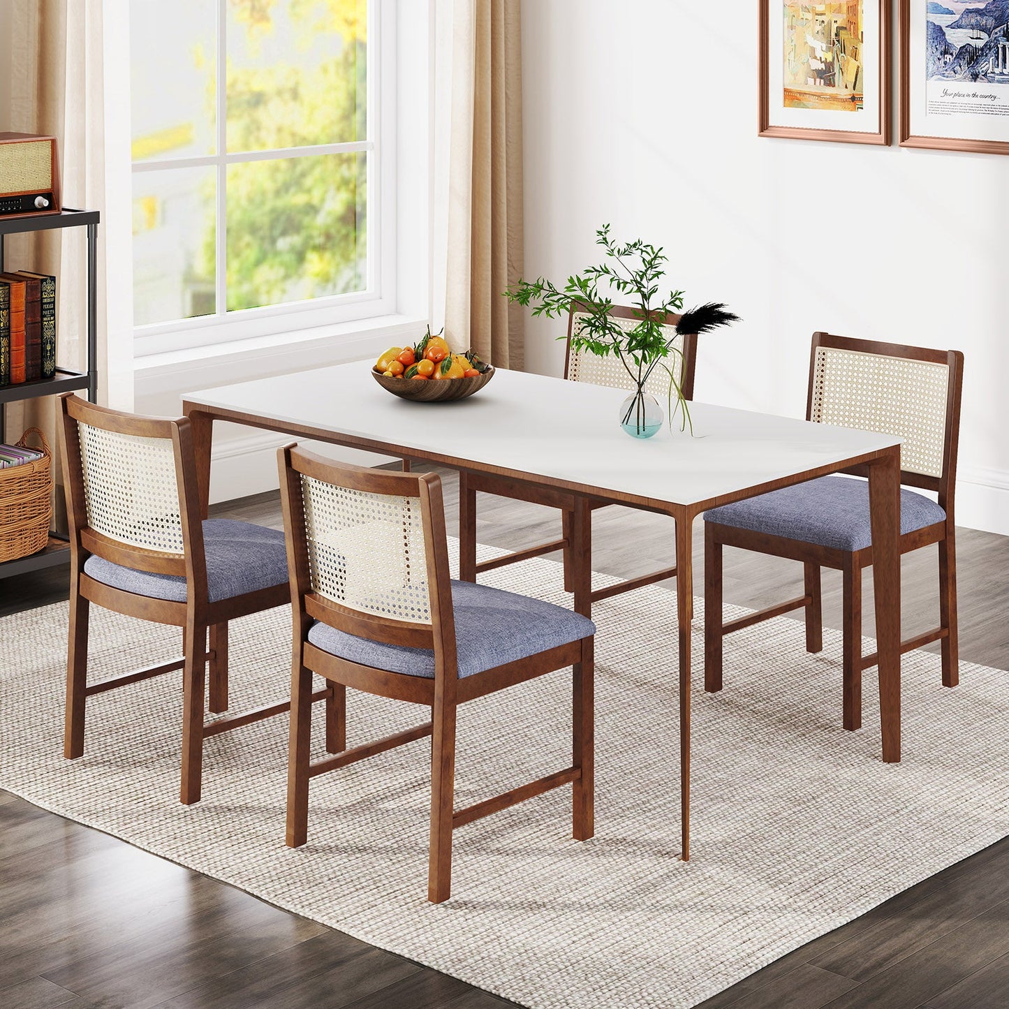 Rattan Dining Chair Set of 2 with Rubber Wood Frame and Linen Fabric Padded Seat-Walnut