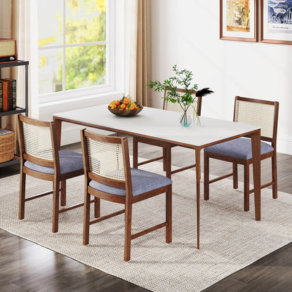 Rattan Dining Chair Set of 2 with Rubber Wood Frame and Linen Fabric Padded Seat-Walnut