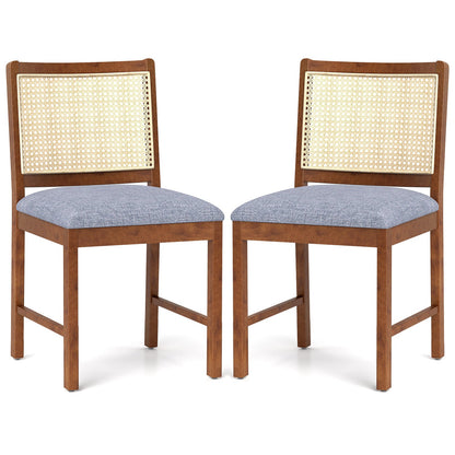 Rattan Dining Chair Set of 2 with Rubber Wood Frame and Linen Fabric Padded Seat-Walnut