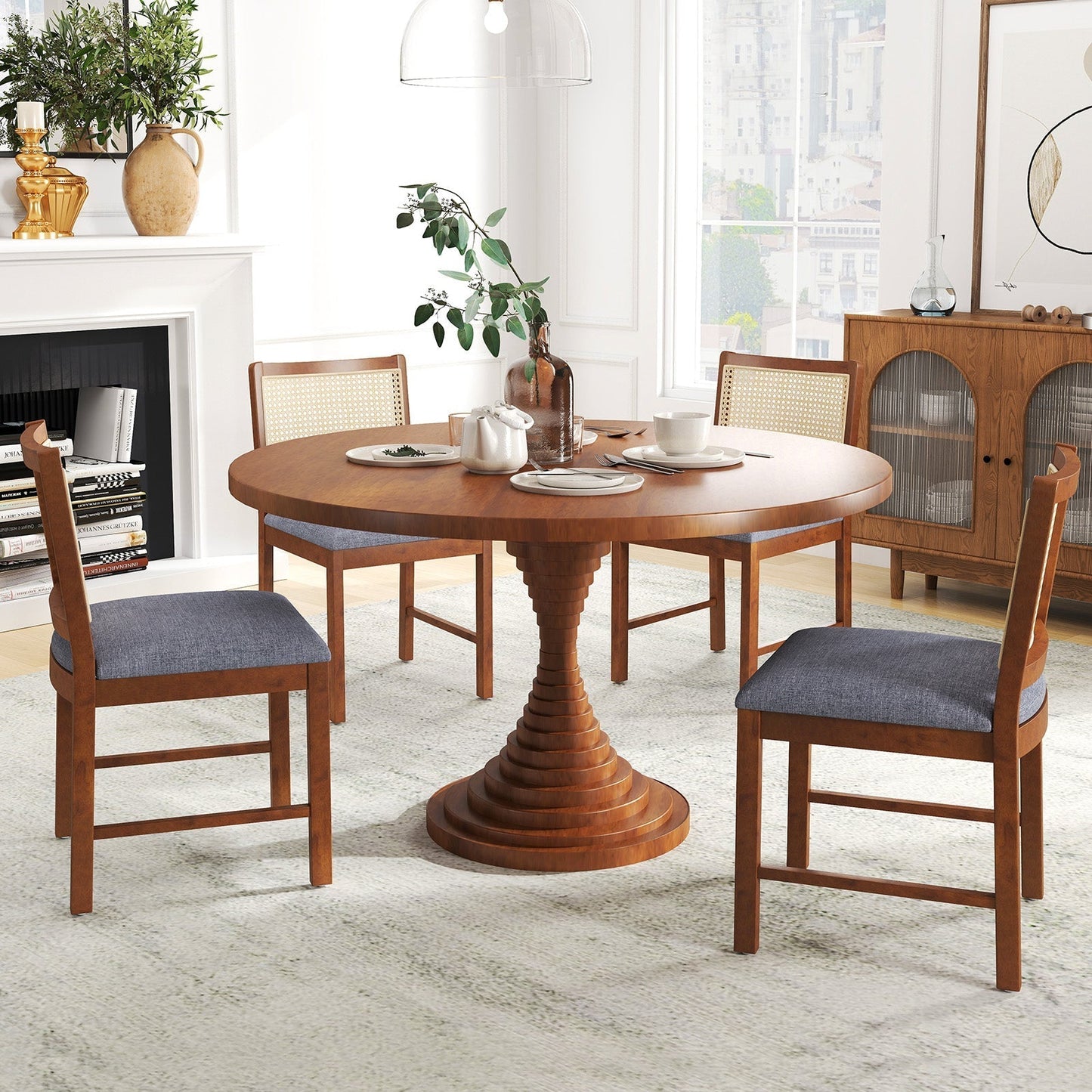 Rattan Dining Chair Set of 2 with Rubber Wood Frame and Linen Fabric Padded Seat-Walnut