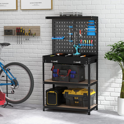 Tool Storage Workbench with Pegboard Shelves and Drawers-Blue