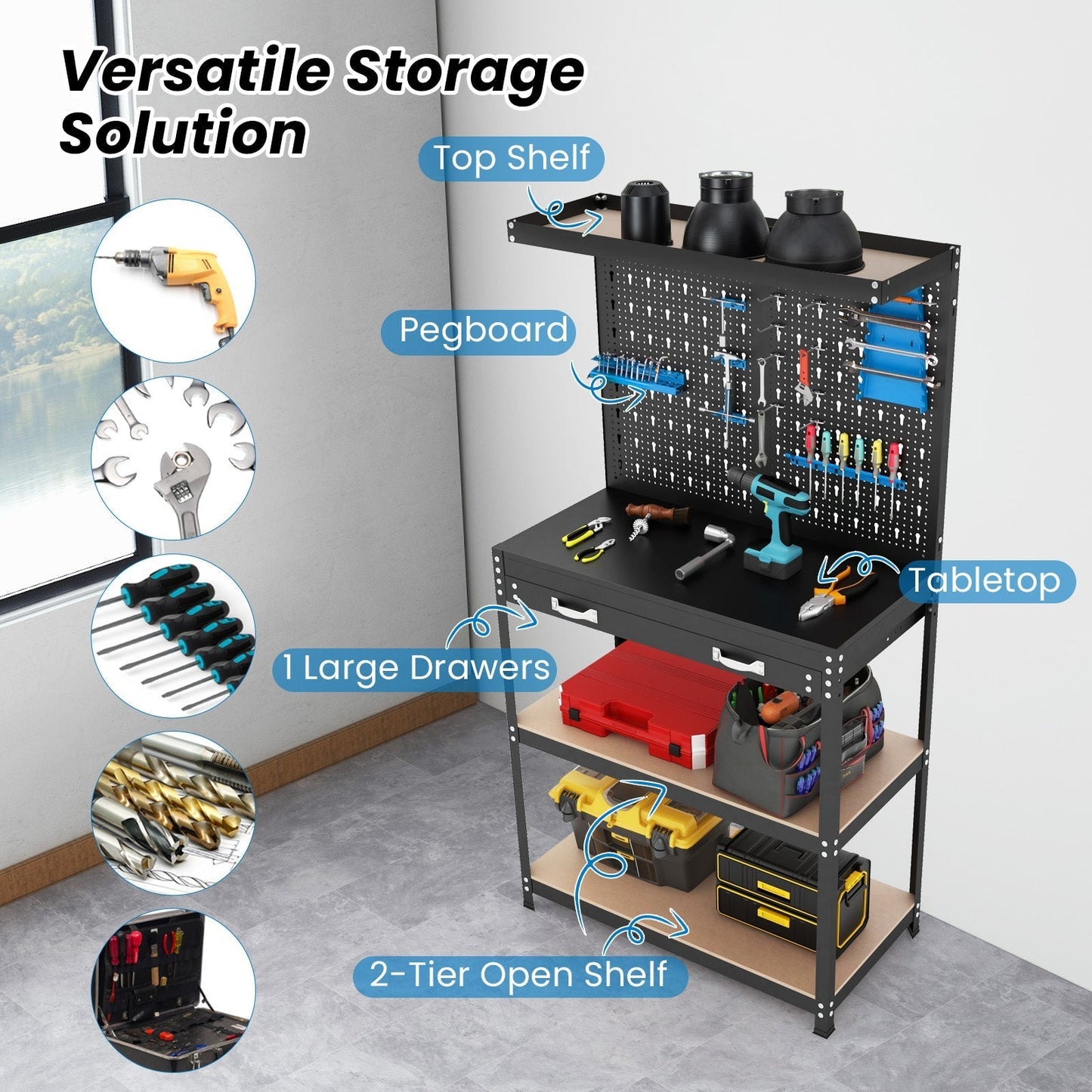 Tool Storage Workbench with Pegboard Shelves and Drawers-Blue