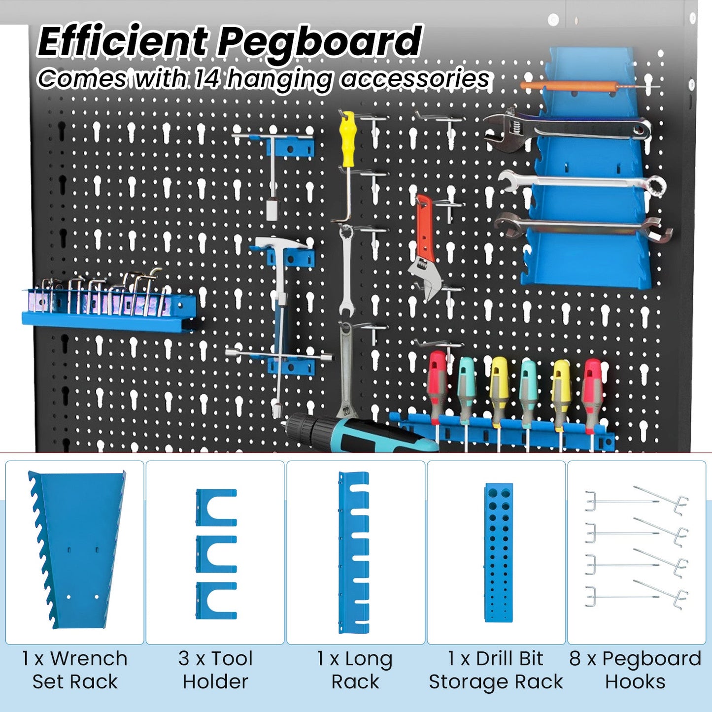Tool Storage Workbench with Pegboard Shelves and Drawers-Blue